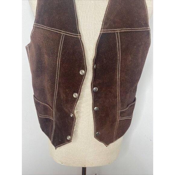 Vintage Genuine Leather Suede Vest Sherpa Lining Men's 40 Snap Front Dark Brown - Picture 3 of 7